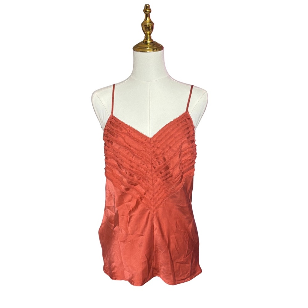 Karen Kane Silk Orange Coral Fringe  Textured Camisole with Zipper